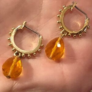 3/$40 VTG Studded Gold Dainty Small Hoop Pierced Earrings w/Yellow Bead Dangles